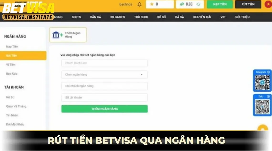 Rút tiền betvisa bằng tài khoản ngân hàng